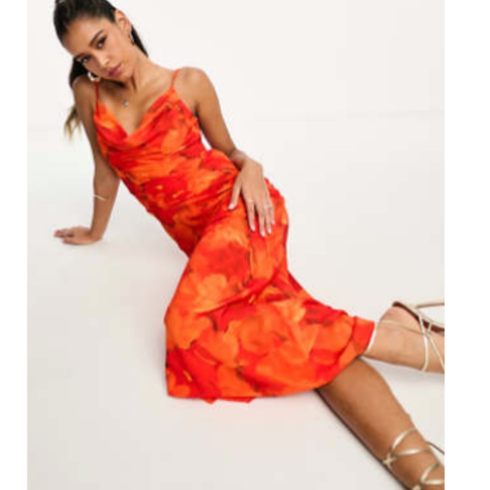 Vibrant Floral Midi Dress in Orange
